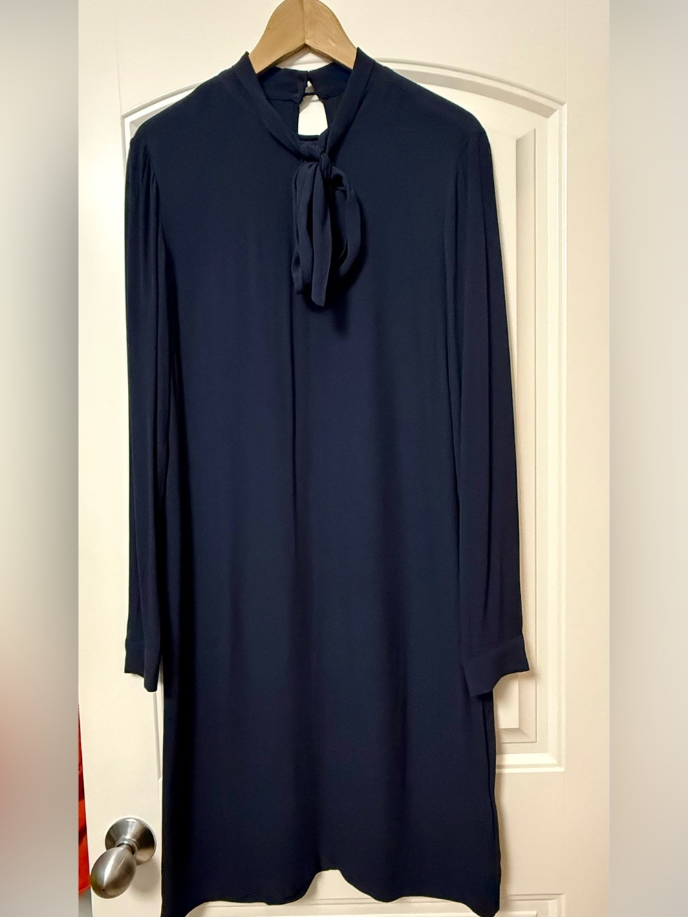 Navy Tie-Neck Long Sleeve Women's Dress